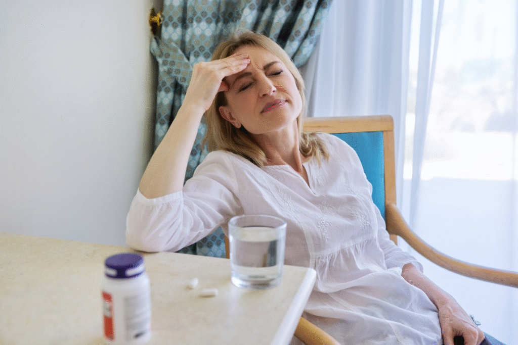 A woman holds her forehead in discomfort while sitting at a table with a glass of water and medication.