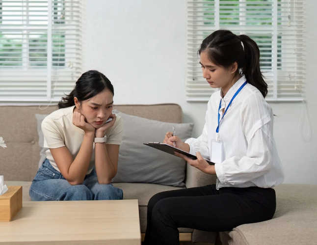 A person being examined by a psychologist. 