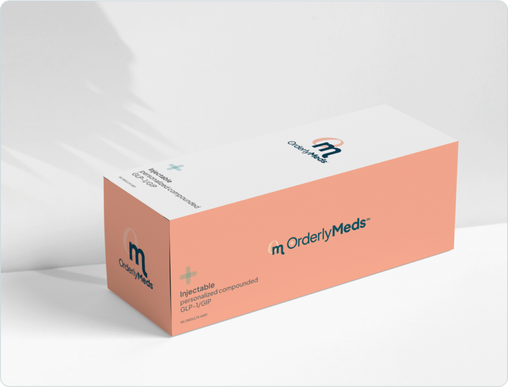 An OrderlyMeds-branded box containing GLP-1 medications. 