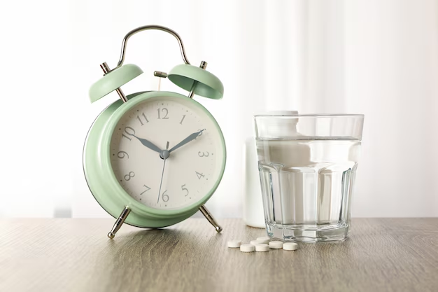 A mint green alarm clock next to a glass of water and white pills on a wooden table.