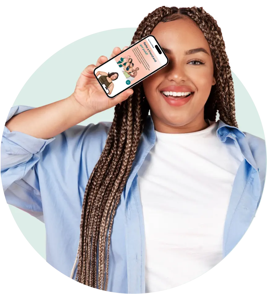 Smiling woman holding smartphone showing online GLP-1 weight loss program.