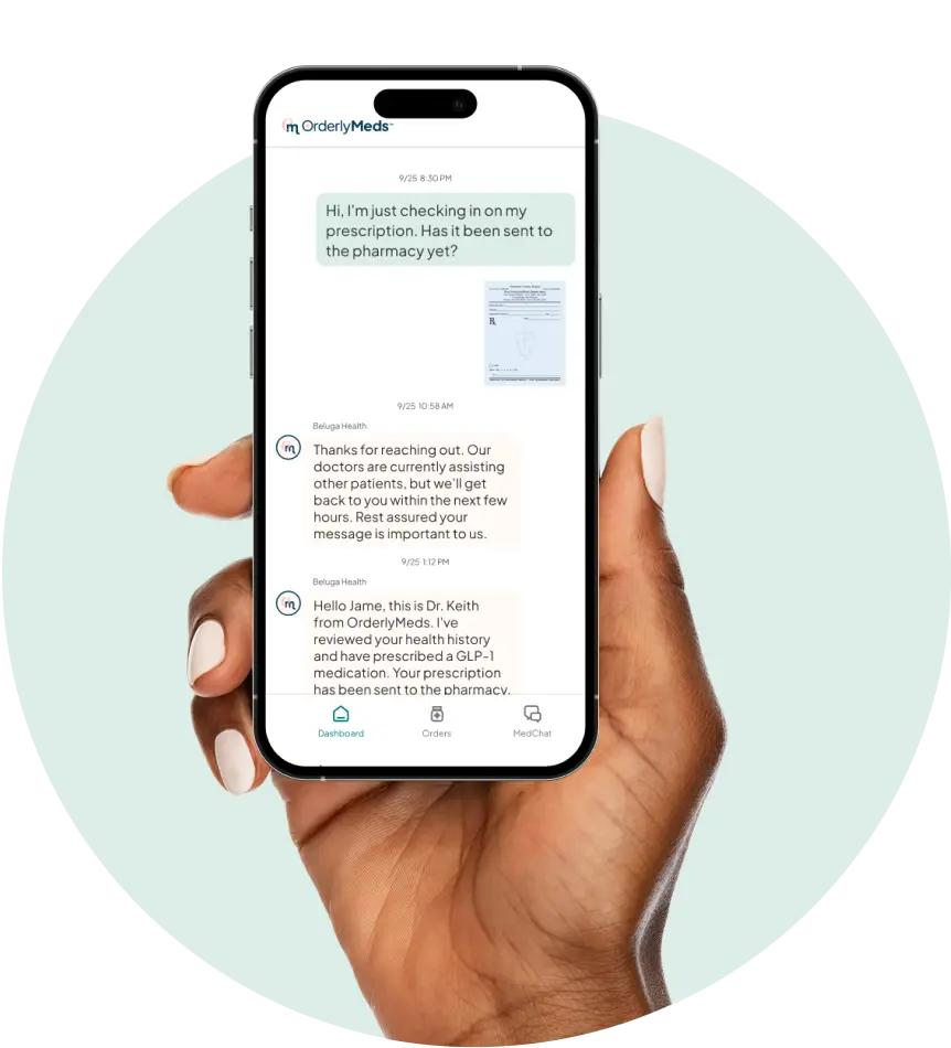 Hand holding smartphone showing OrderlyMeds doctor messaging about GLP-1 prescription eligibility approval.