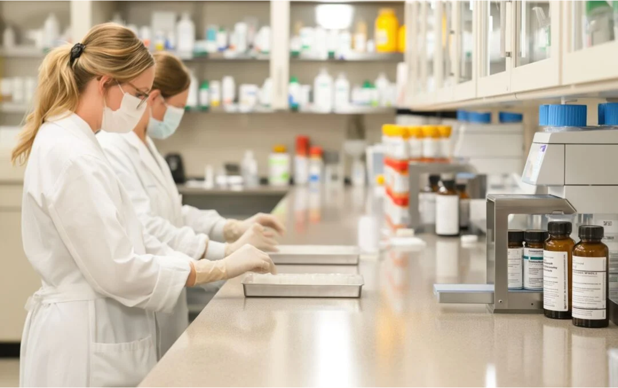 Two pharmacists in white lab coats and masks preparing medications at a laboratory workstation with shelves of pharmaceutical supplies in the background