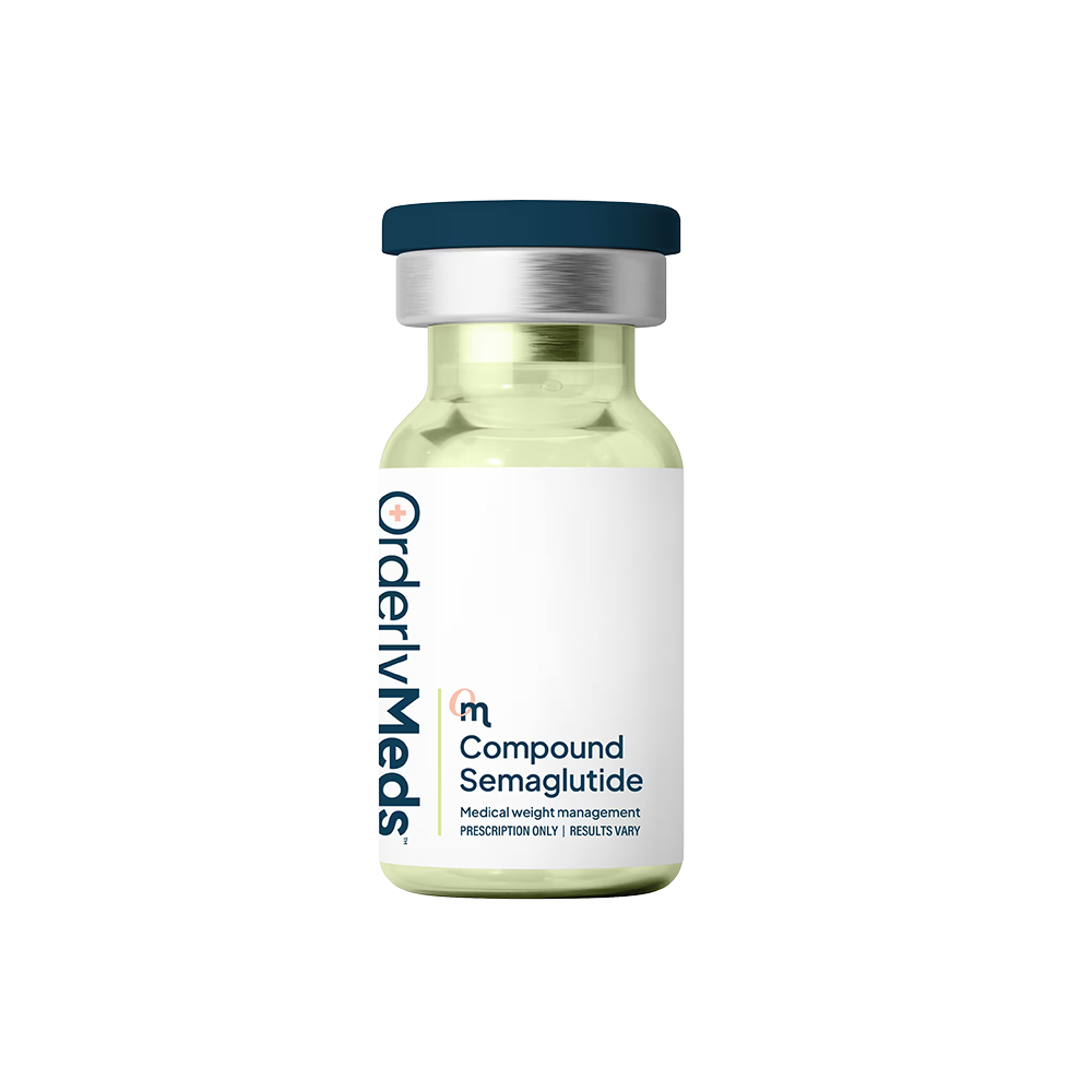 OrderlyMeds Compounded Semaglutide vial for medical weight management on a white background.