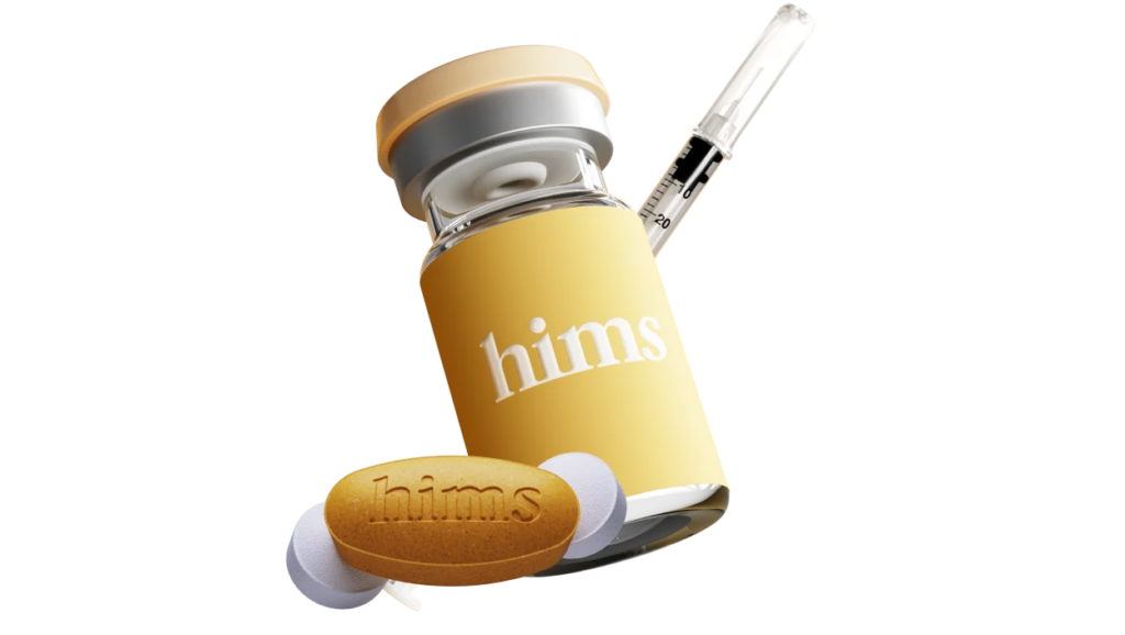 Hims-branded yellow medicine vial with a syringe and branded tablet alongside white pills on a black background.