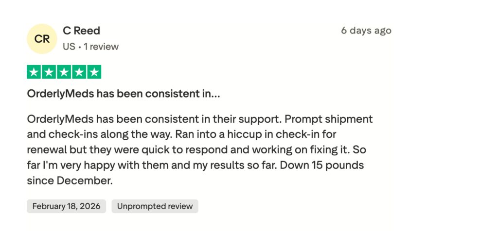 A 5-star review on OrderlyMeds.