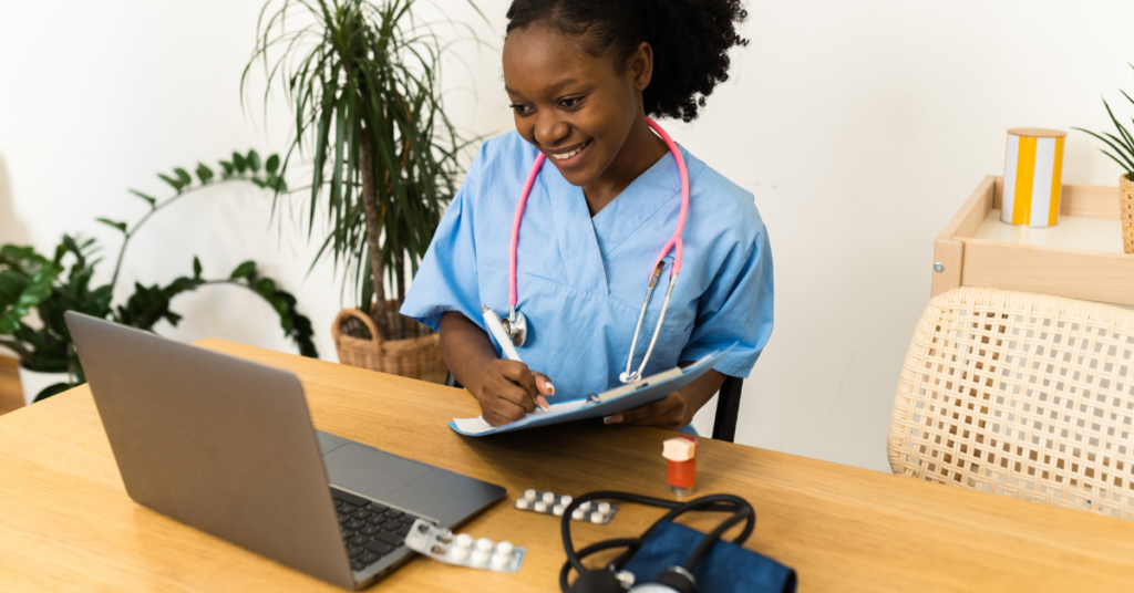 Licensed healthcare provider reviewing a patient's health screening results during a virtual telehealth consultation for a weight loss prescription.