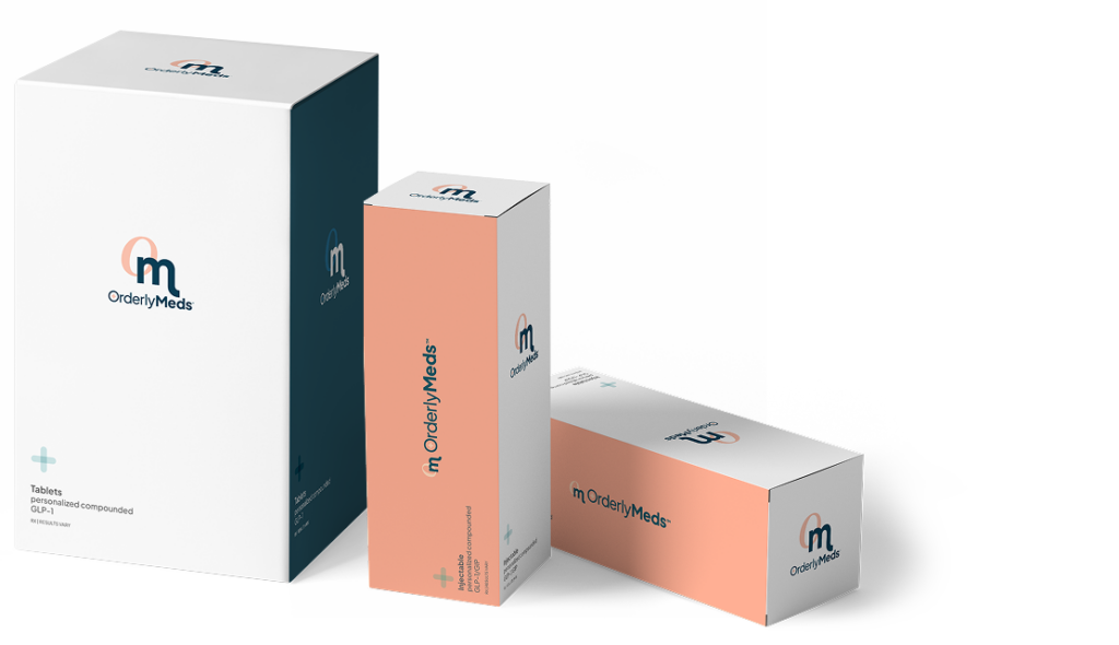 OrderlyMeds personalized compounded GLP-1 packaging lineup: Tablets and Injectable options in white and peach boxes against a black background.