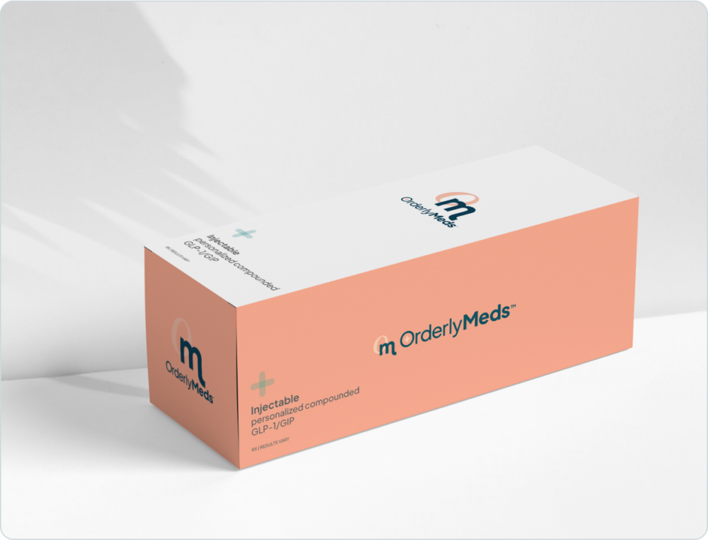OrderlyMeds coral-colored pharmaceutical packaging box for injectable GLP-1/GIP medication.