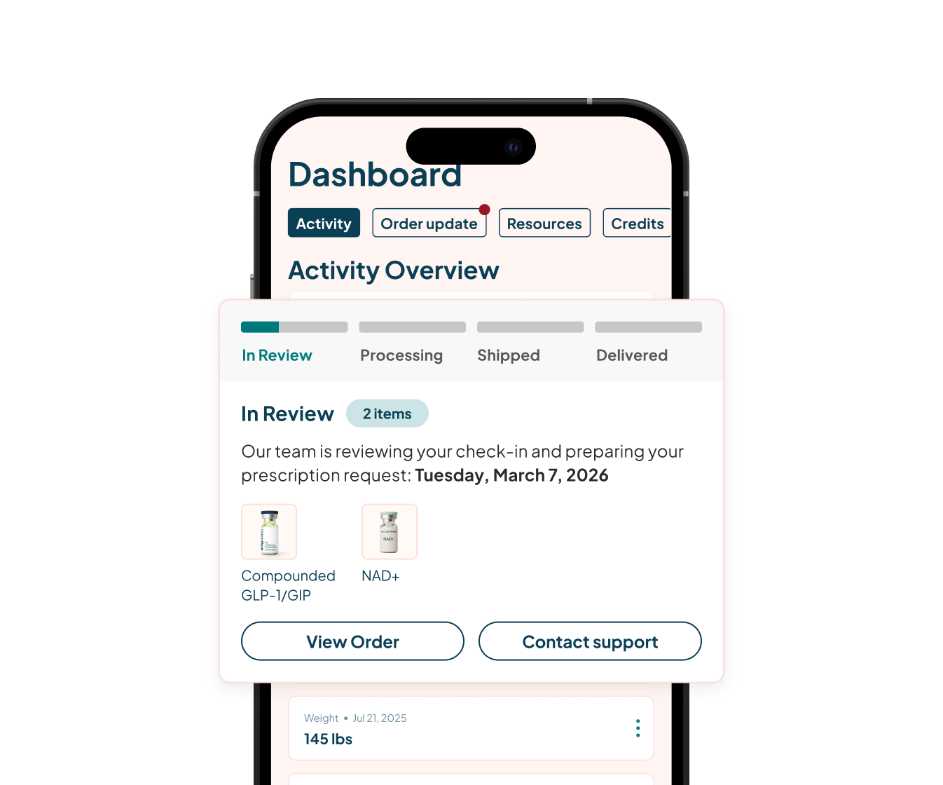 Smartphone showing the OrderlyMeds patient dashboard with an order tracker on "In Review," a note that the team is preparing a prescription request for Tuesday, March 7, 2026, two items listed (Compounded GLP-1/GIP and NAD+), and "View Order" and "Contact support" buttons.