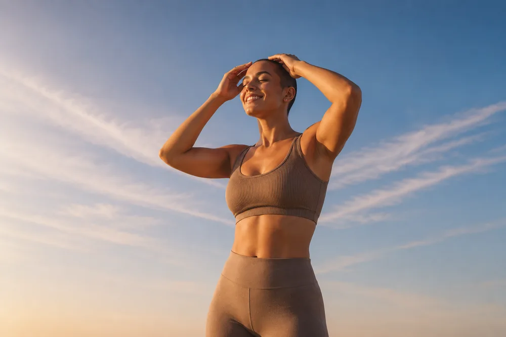 Woman stretching outdoors at sunset